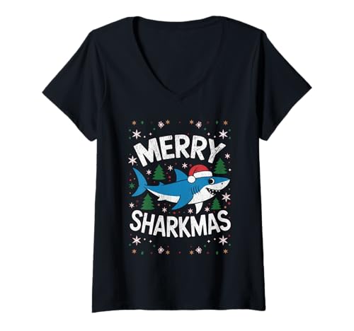 Damen Merry Sharkmas Lustiger Hai-Weihnachtsmannmütze, hässlicher Weihnachtspullover T-Shirt mit V-Ausschnitt Damen Merry Sharkmas Lustiger Hai-Weihnachtsmannmütze, hässlicher Weihnachtspullover T-Shirt mit V-Ausschnitt von Merry Sharkmas Santa Hat Ugly Christmas Sweater