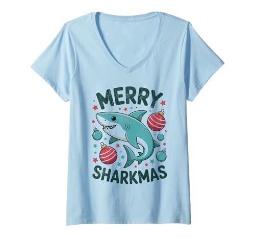 Damen Merry Sharkmas Lustiger Hai-Weihnachtsmannmütze, hässlicher Weihnachtspullover T-Shirt mit V-Ausschnitt Damen Merry Sharkmas Lustiger Hai-Weihnachtsmannmütze, hässlicher Weihnachtspullover T-Shirt mit V-Ausschnitt von Merry Sharkmas Santa Hat Ugly Christmas Sweater