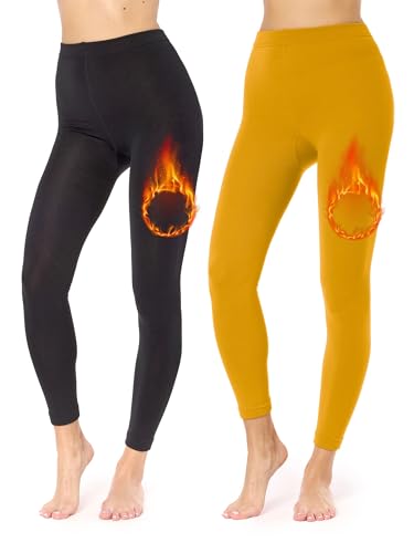Merry Style 2er Pack Thermo Leggings Damen gefütterte Thermoleggings Thermohose Damen Winter Leggings warm Outdoor gefüttert MS-ATX-441 (Schwarz/Senf, 3XL-4XL) von Merry Style