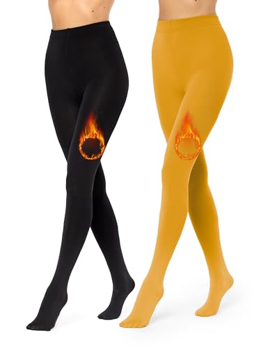 Merry Style 2er Pack Thermo Strumpfhose Damen Winter gefütterte Strumpfhose Damen wärme Tights Thermostrumpfhose Strumpfhosen Winter Thermo Leggings Outdoor MS-ATX-442 (Schwarz/Senf, XL-XXL) von Merry Style