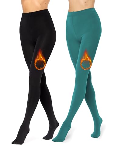 Merry Style 2er Pack Thermo Strumpfhose Damen Winter gefütterte Strumpfhose Damen wärme Tights Thermostrumpfhose Strumpfhosen Winter Thermo Leggings Outdoor MS-ATX-442 (Schwarz/Smaragd, XL-XXL) von Merry Style