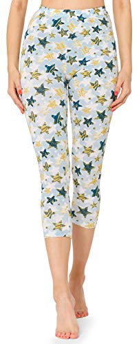 Merry Style Damen 3/4 Capri Leggings mit Allover Print Muster bunt MS10-411(Weiß/Blau Gold Sterne,M) von Merry Style