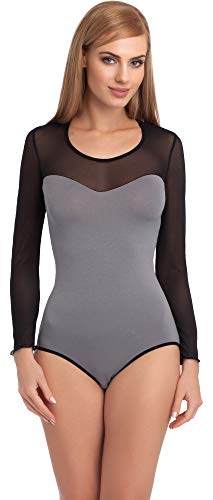 Merry Style Damen Langarm Body Langarmshirt Langarmbody Rundhals Bodysuit VBD15 (Grauschwarz, L) von Merry Style