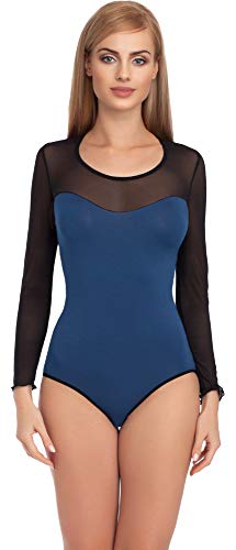 Merry Style Damen Langarm Body Langarmshirt Langarmbody Rundhals Bodysuit VBD15 (Jeans/Schwarz, L) von Merry Style