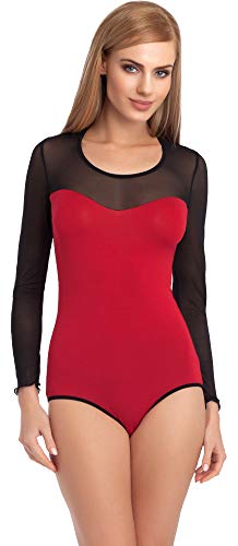 Merry Style Damen Langarm Body Langarmshirt Langarmbody Rundhals Bodysuit VBD15 (Weinrot/Schwarz, M) von Merry Style