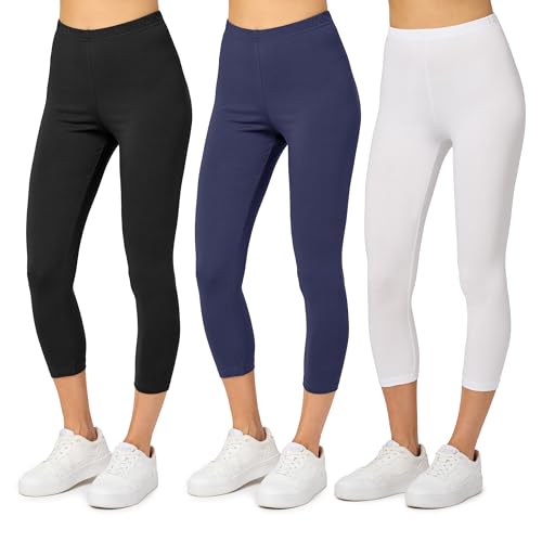 Merry Style 3er Pack Damen Leggings 3/4 aus Baumwolle mit Stretch – Leichte Capri Leggings Damen aus atmungsaktiver, elastischer Baumwolle, ideal für Yoga Sport MS10-199 (Schwarz/Navy/Weiß, L) von Merry Style
