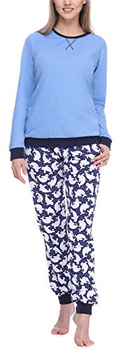 Merry Style Damen Lang Zweiteiliger Schlafanzug aus Baumwolle Pyjama Set Winter MS10-168 (Blau Punkte, S) von Merry Style