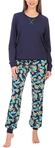 Merry Style Damen Lang Zweiteiliger Schlafanzug aus Baumwolle Pyjama Set Winter MS10-168 (Marineblau Blätter, M) von Merry Style