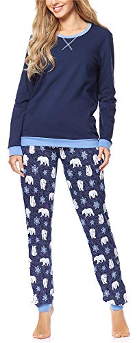 Merry Style Damen Lang Zweiteiliger Schlafanzug aus Baumwolle Pyjama Set Winter MS10-168 (Dunkelblau Bär-2, L) von Merry Style