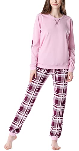 Merry Style Damen Lang Zweiteiliger Schlafanzug aus Baumwolle Pyjama Set Winter MS10-168 (Rosa-Kariert, XXL) von Merry Style