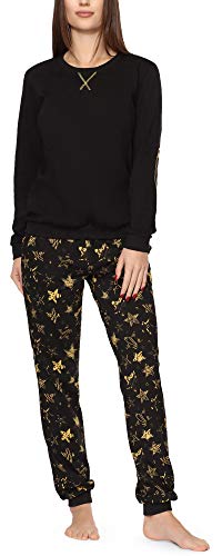 Merry Style Damen Lang Zweiteiliger Schlafanzug aus Baumwolle Pyjama Set Winter MS10-168 (Schwarz Gelbe Sterne, M) von Merry Style