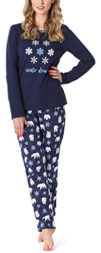 Merry Style Damen Lang Zweiteiliger Schlafanzug aus Baumwolle Pyjama Set Winter MS10-169 (Dunkelblau Bär, S) von Merry Style