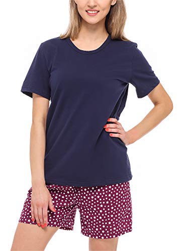 Merry Style Damen Schlafanzug Zweiteiler Pyjama Kurz aus Baumwolle Pyjama Set MS10-177 (Marineblau/Weinrot/Sterne, S) von Merry Style