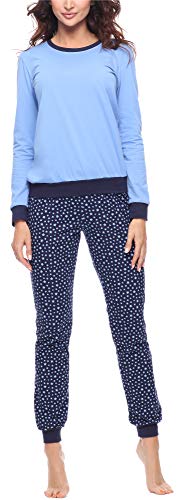 Merry Style Damen Schlafanzug Zweiteiler Pyjama lang bunt mit Muster (Blau/Sterne Marineblau, XL) von Merry Style