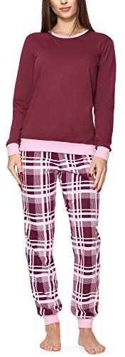 Merry Style Damen Schlafanzug Zweiteiler Pyjama lang bunt mit Muster (Weinrot/Kariert, M) von Merry Style