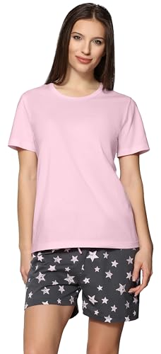 Merry Style Damen Schlafanzug Zweiteiler Pyjama Kurz aus Baumwolle Pyjama Set MS10-177 (Graphite Sterne/Rosa, S) von Merry Style