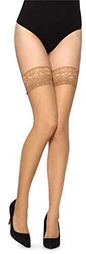 Merry Style Damen halterlose Strümpfe mit Muster Naht hinten Blumenmuster MS 209 (Beige, M-L (40-44)) von Merry Style