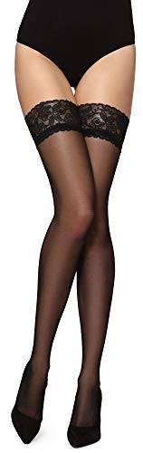 Merry Style Damen halterlose Strümpfe mit Muster Naht hinten Blumenmuster MS 209 (Schwarz, XS-S (32-38)) von Merry Style