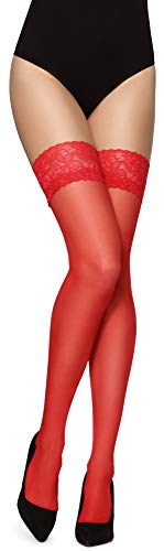 Merry Style Damen halterlose Strümpfe mit Muster Naht hinten Blumenmuster MS 209 (Rot, M-L (40-44)) von Merry Style