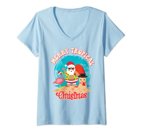 Damen Frohe tropische Weihnachten - Hawaii Beach Tropical Xmas T-Shirt mit V-Ausschnitt von Merry Tropical Christmas for Families