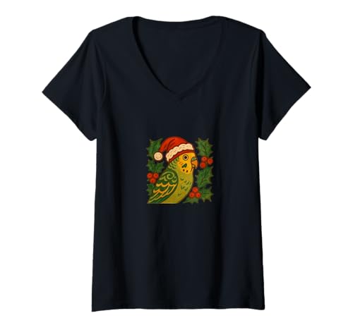 Damen Sittich in Weihnachtsmütze mit Weihnachts-Stechpalme T-Shirt mit V-Ausschnitt Damen Sittich in Weihnachtsmütze mit Weihnachts-Stechpalme T-Shirt mit V-Ausschnitt von Merry Wings Studios