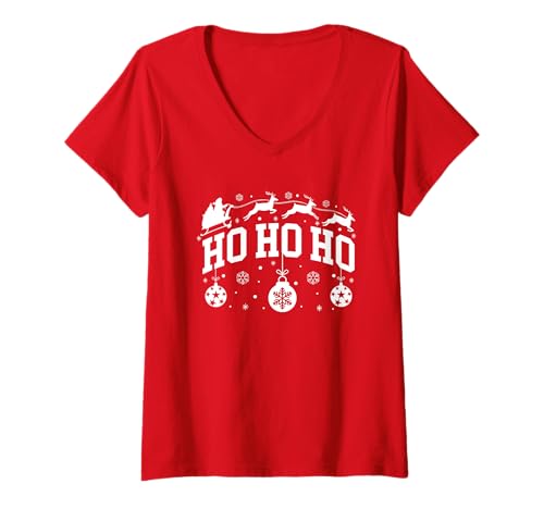 Damen Ho Ho Ho Sant's Schlitten Weihnachten T-Shirt mit V-Ausschnitt Damen Ho Ho Ho Sant's Schlitten Weihnachten T-Shirt mit V-Ausschnitt von Merry and Bright