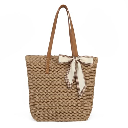 Mervokl Strandtasche Damen Geflochtene Tasche aus Papierseil mit Ledergriffen und Reißverschluss Große Beach Bag für Sommer Urlaub und Strand – Leicht & Stilvoll von Mervokl
