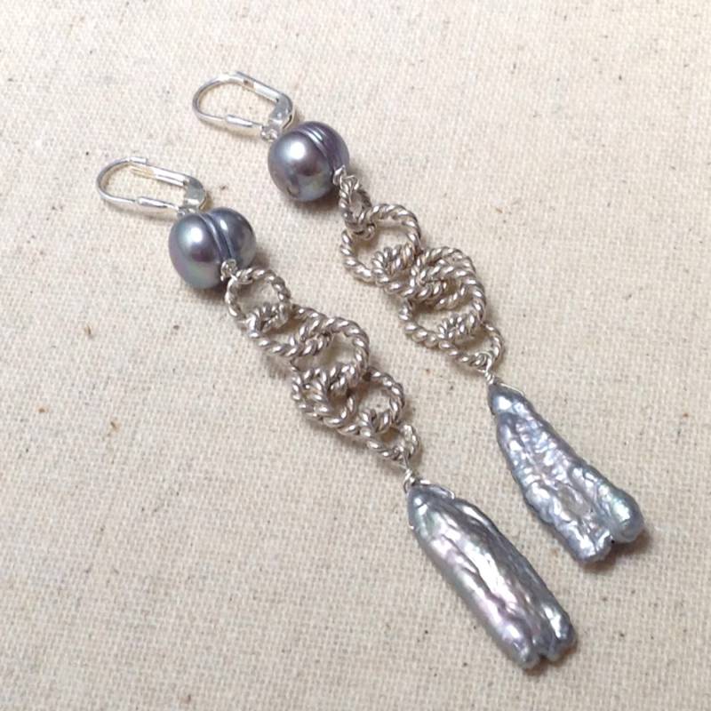 Grau Barock Längsperle Runde Perle Sterling Silber Kette Baumeln Kronleuchter Staubsauger Ohrringe von MesBeauBijoux