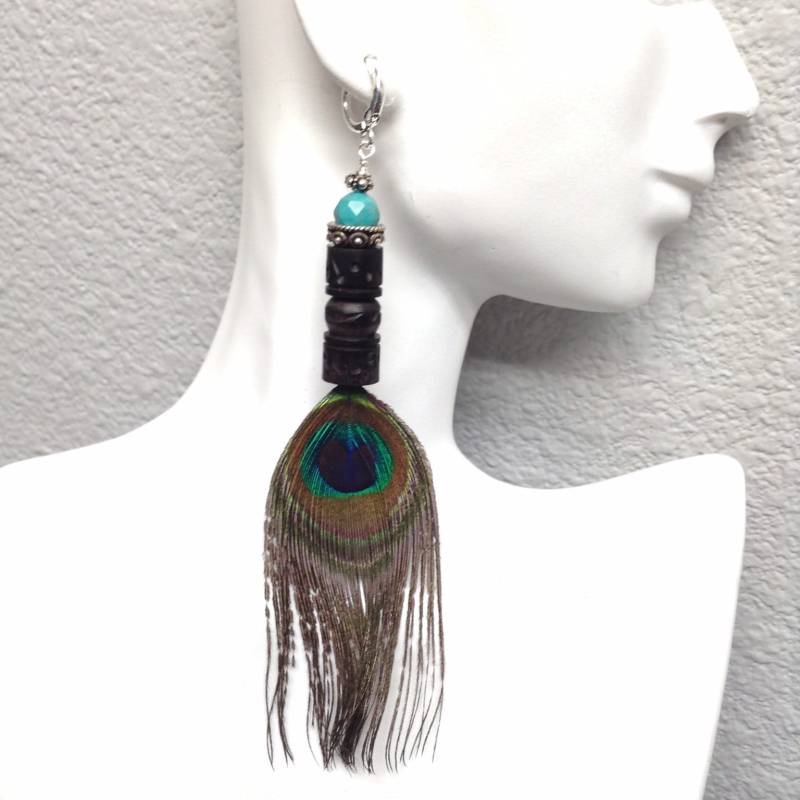 Peacock Feder Holz Türkis Boho Kronleuchter Baumbild Ohrringe Festival Kostüm Duster Statement von MesBeauBijoux