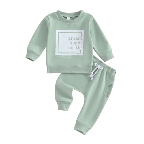 Baby Junge Mädchen MAMA'S BESTIE Bekleidungsset 2PCS Langarm Rundhalspullover Sweatshirt Hemd Elastische Taille Jogger Lange Hose Kleinkind Valentinstag Trainingsanzüge (Grün2 , 12-18 Months ) von Mesalynch