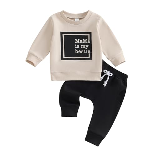 Baby Junge Mädchen MAMA'S BESTIE Bekleidungsset 2PCS Langarm Rundhalspullover Sweatshirt Hemd Elastische Taille Jogger Lange Hose Kleinkind Valentinstag Trainingsanzüge (Khaki , 18-24 Months ) von Mesalynch