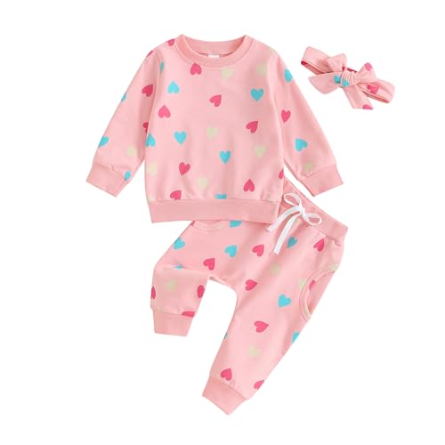 Baby Jungen Mädchen Liebe Herz Trainingsanzüge Set 3PCS Langarm Pullover Sweatshirt Hemd Elastische Taille Lange Jogginghose Bowknot Stirnband Valentinstag Bekleidungssets (Rosa , 6-12 Months ) von Mesalynch