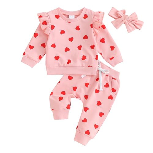 Baby Jungen Mädchen Liebe Herz Trainingsanzüge Set 3PCS Langarm Pullover Sweatshirt Hemd Elastische Taille Lange Jogginghose Bowknot Stirnband Valentinstag Bekleidungssets (Rosa1 , 2-3 Years ) von Mesalynch