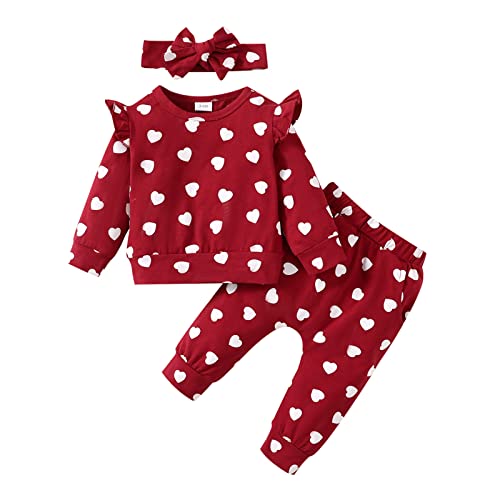 Baby Jungen Mädchen Liebe Herz Trainingsanzüge Set 3PCS Langarm Pullover Sweatshirt Hemd Elastische Taille Lange Jogginghose Bowknot Stirnband Valentinstag Bekleidungssets (Rot , 12-18 Months ) von Mesalynch