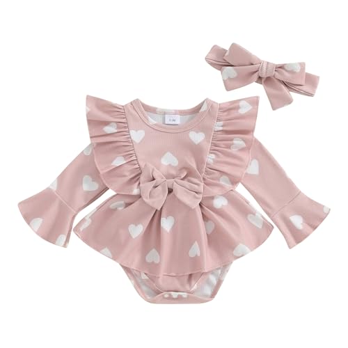 Baby Mädchen Valentinstag Bodys Strampler Kleidung Liebe Herzen Strampler Kleid Rundhalsausschnitt Rüschen Schulter Langarm Liebe Herzen Rock Saum Jumpsuit mit Stirnband (Rosa, 0-3 Months) von Mesalynch