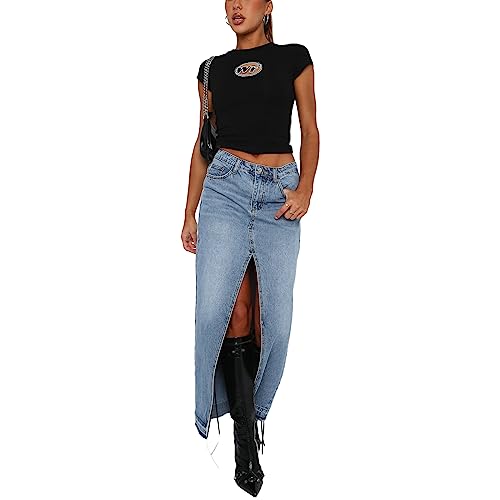 Damen Y2K Mode Denim Maxi Rock Hohe Taille Skinny Hochgeteilter Oberschenkel Tube Jean Rock Lässig Vintage Bleistift Langer Rock mit Taschen Denim A-Linie Kleid (Blau, M) von Mesalynch