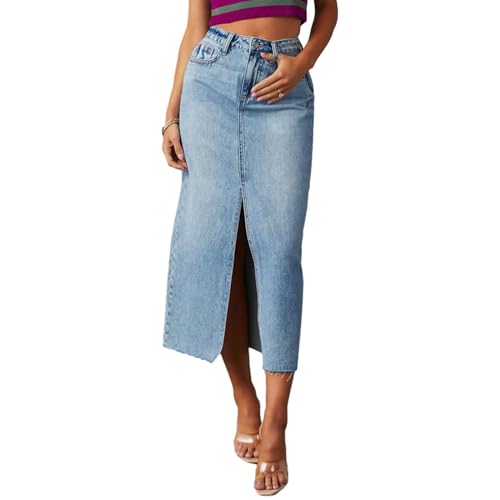 Damen Y2K Mode Denim Maxi Rock Hohe Taille Skinny Hochgeteilter Oberschenkel Tube Jean Rock Lässig Vintage Bleistift Langer Rock mit Taschen Denim A-Linie Kleid (Hellblau, L) von Mesalynch