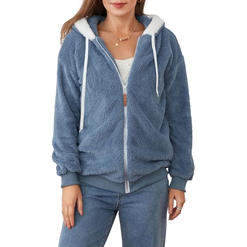 Frauen Mode Plüsch Zip Hoodie Jacke Langarm Flauschig Locker Fit Kapuzenmantel Strickjacke Herbst Winter Warm Fleece Oversized Jacke Streetwear Kleidung (Blau, XXXXXL) von Mesalynch