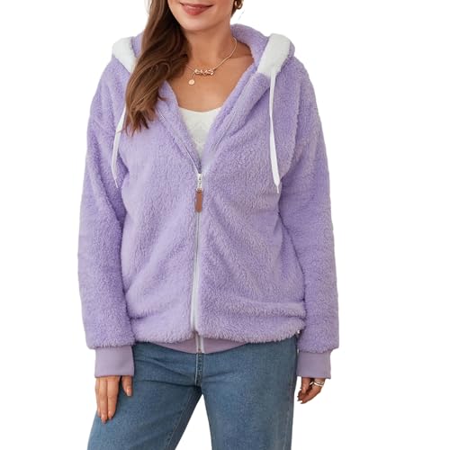 Frauen Mode Plüsch Zip Hoodie Jacke Langarm Flauschig Locker Fit Kapuzenmantel Strickjacke Herbst Winter Warm Fleece Oversized Jacke Streetwear Kleidung (Lila, S) von Mesalynch