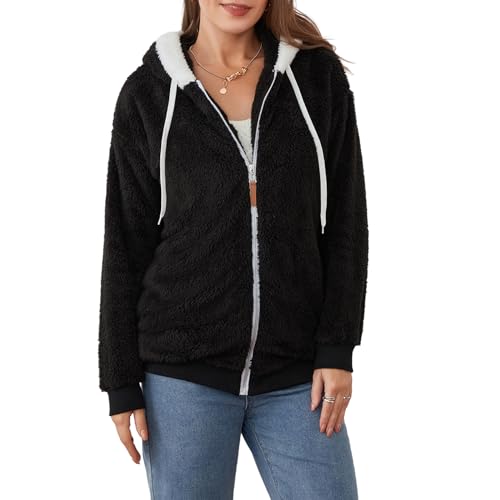 Frauen Mode Plüsch Zip Hoodie Jacke Langarm Flauschig Locker Fit Kapuzenmantel Strickjacke Herbst Winter Warm Fleece Oversized Jacke Streetwear Kleidung (Schwarz, L) von Mesalynch