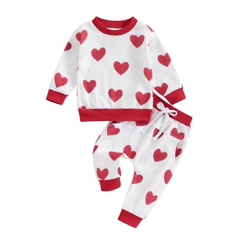 Kleinkind Baby Jungen Mädchen Valentinstag Thema Trainingsanzüge Set 2PCS Liebe Herzen Kleidung Set Langarm Pullover Sweatshirt Pullover Tops Elastische Taille Lange Hose (Weiß , 18-24 Months ) von Mesalynch