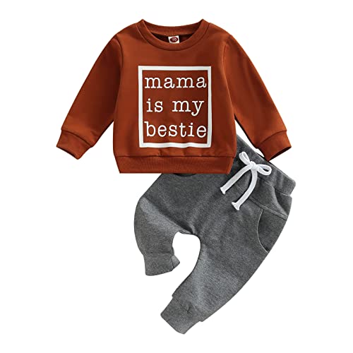 Mesalynch Baby Junge Mädchen MAMA'S BESTIE Bekleidungsset 2PCS Langarm Rundhals Sweatshirt Hemd Elastische Taille Jogger Lange Hose Kleinkind Valentinstag Trainingsanzüge (Braun1, 0-6 Months) von Mesalynch