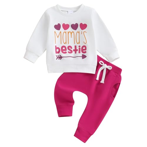 Mesalynch Baby Junge Mädchen MAMA'S BESTIE Bekleidungsset 2PCS Langarm Rundhals Sweatshirt Hemd Elastische Taille Jogger Lange Hose Kleinkind Valentinstag Trainingsanzüge (Weiß, 12-18 Months) von Mesalynch