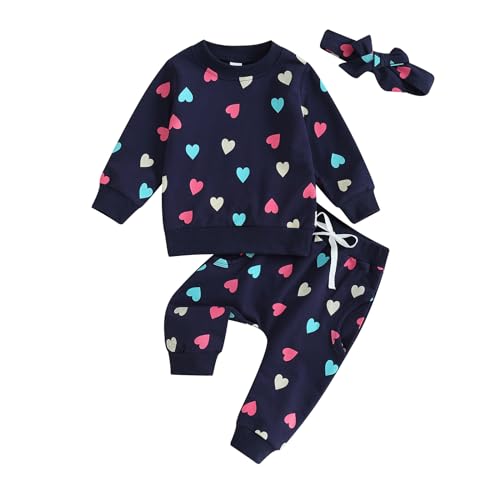 Mesalynch Baby Jungen Mädchen Liebe Herz Trainingsanzüge Set Langarm Sweatshirt Hemd Elastische Taille Lange Jogginghose Bowknot Stirnband Valentinstag Bekleidungssets (Marineblau, 12-18 Months) von Mesalynch