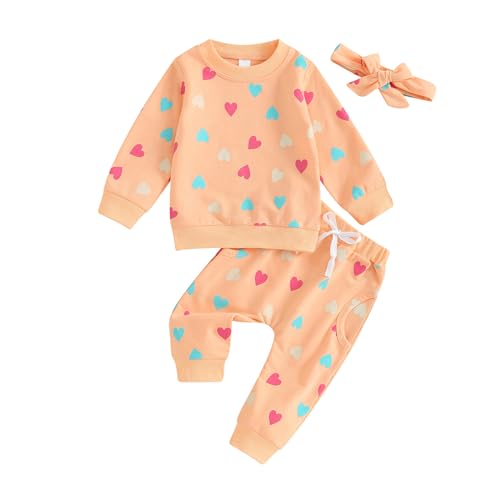 Mesalynch Baby Jungen Mädchen Liebe Herz Trainingsanzüge Set Langarm Sweatshirt Hemd Elastische Taille Lange Jogginghose Bowknot Stirnband Valentinstag Bekleidungssets (Orange, 12-18 Months) von Mesalynch