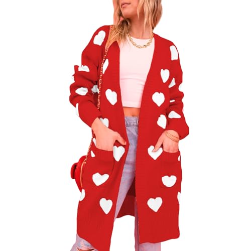 Mesalynch Damen Lange Liebesherzen Strickjacke Langarm Vorne Chunky Strick Lockere Passform Leichter Pullover Oberbekleidung Mit Taschen (Rot, L) von Mesalynch