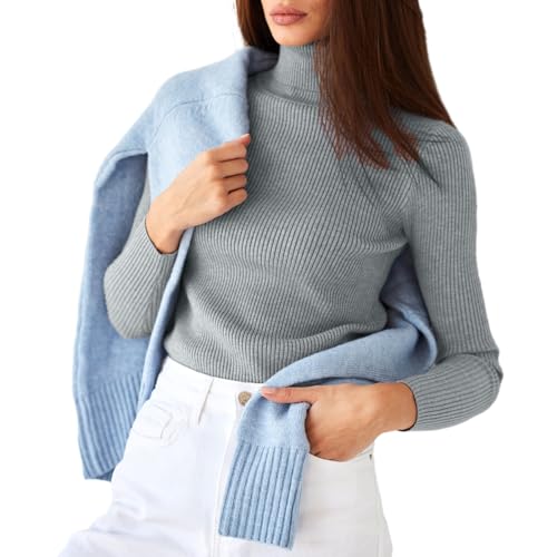 Mesalynch Damen Mode Strickpullover Langarm Rollkragen Einfarbig Pullover Hoch Elastisch Gerippt Slim Fit Hemd Frauen Lässige Basic Oberteile Strickwaren (Grau, One Size) von Mesalynch