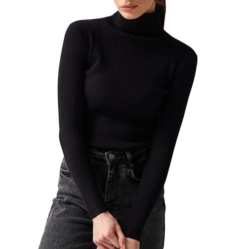 Mesalynch Damen Mode Strickpullover Langarm Rollkragen Einfarbig Pullover Hoch Elastisch Gerippt Slim Fit Hemd Frauen Lässige Basic Oberteile Strickwaren (Schwarz, One Size) von Mesalynch