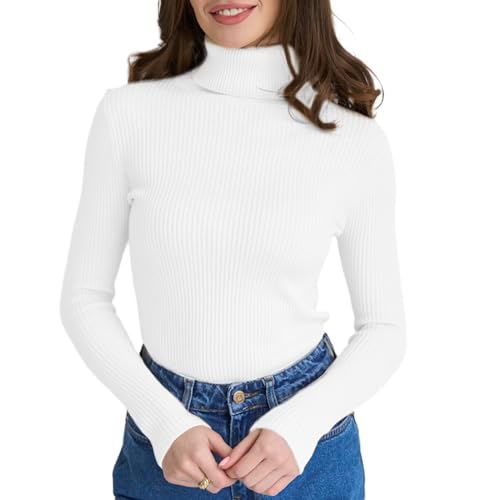 Mesalynch Damen Mode Strickpullover Langarm Rollkragen Einfarbig Pullover Hoch Elastisch Gerippt Slim Fit Hemd Frauen Lässige Basic Oberteile Strickwaren (Weiß, One Size) von Mesalynch