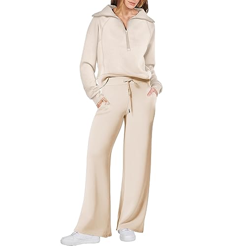 Mesalynch Damen-Trainingsanzüge, einfarbig, langärmelig, übergroßer halber Reißverschluss, Pullover, Sweatshirt, Kordelzug, weites Bein, Hose, Sweatsuit, Sportbekleidung, 2-teilig, beige, 36 von Mesalynch